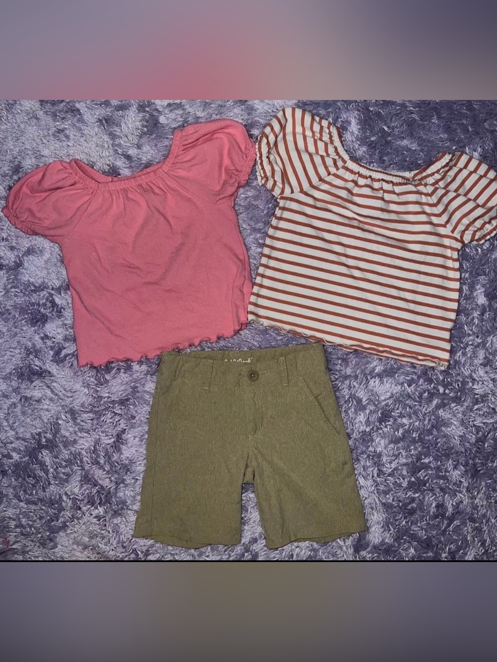 3- Piece Cat & Jack set Pink & Striped Puff Sleeve Tops + Olive Green Shorts 4T